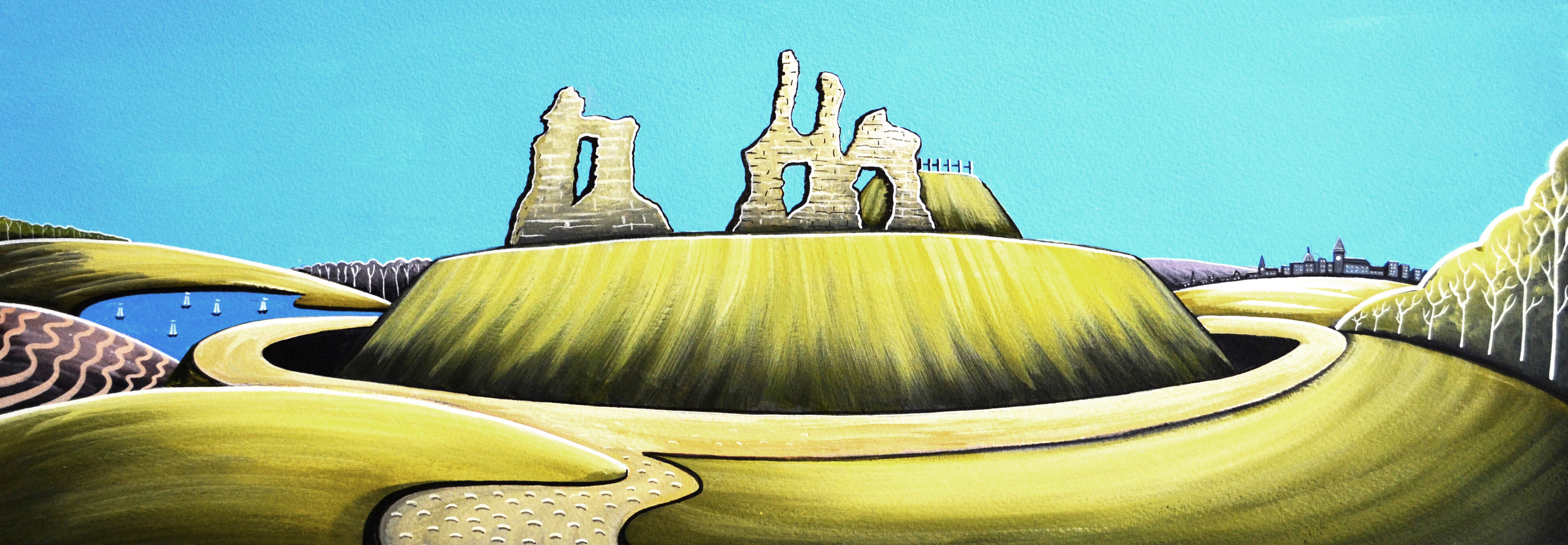 Illustrated landscape of Sandal Castle on a green hill above the surrounding countryside
